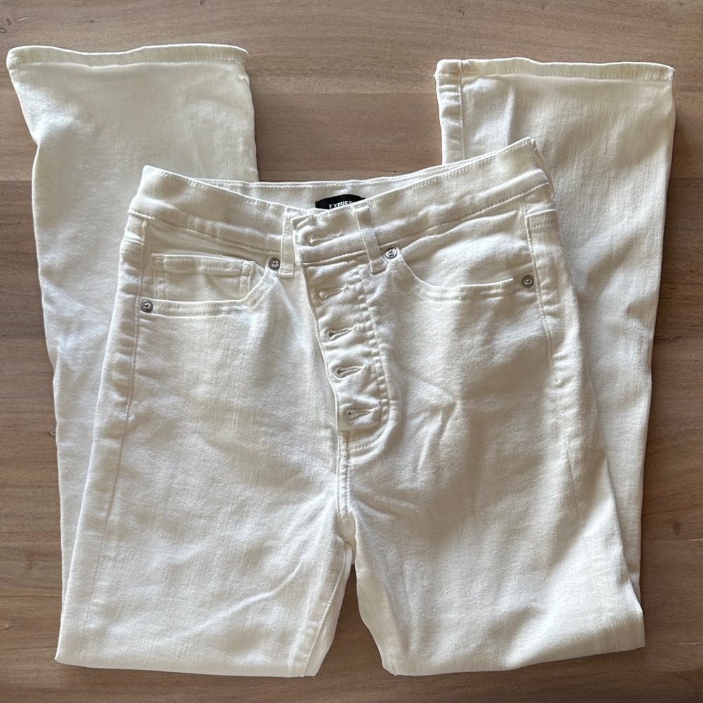 Express High Rise Cropped Flare White Button-Fly Jeans
